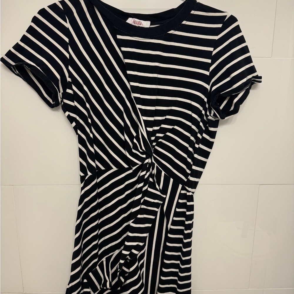 Parker Black and White Asymmetrical Ruched Dress